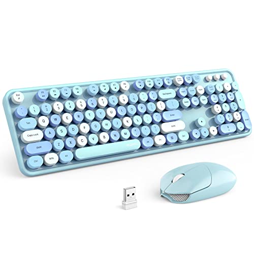 MOFII Wireless Keyboard and Mouse Set, Retro Full Size Typewriter Keyboard with Number Pad and Sport Car Mouse for PC Computer Desktop Laptop Windows (Blue Colorful) - color: Blue Colorful