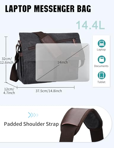 Messenger Bag for Men,Water Resistant Canvas Satchel 14 15.6 17 Inch Laptop Briefcases Business Shoulder Bag by RAVUO - color: 14in-black(without Top Handle)