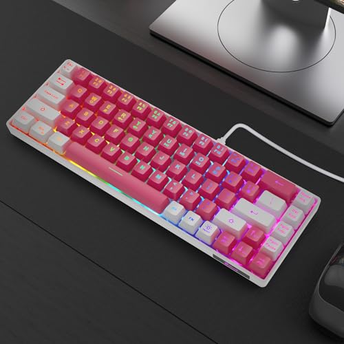 GEODMAER 65% Gaming Keyboard, LED Backlit Mini Wired Keyboard, Ultra-Compact Anti-Ghosting No-Conflict 68 Keys Membrane Gaming Wired Keyboard for PC Laptop Windows Gamer(Pink-White) - color: Pink-White