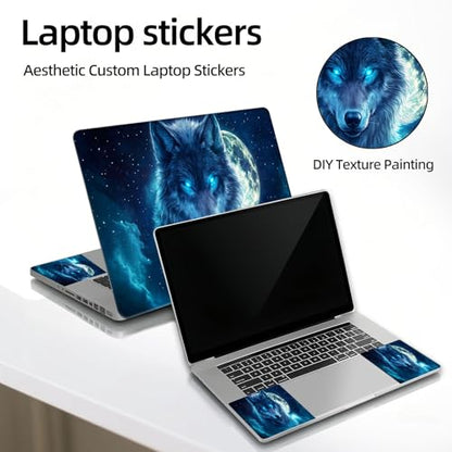Universal Laptop Skin Sticker Decal, 12"-15.6" Aesthetic Vinyl Wrap, Mystic Blue Wolf Moon Night Waterproof Notebook Cover Art Protector for MacBook HP Dell Lenovo, Fits 13" 14" 15" 15.6" - color: Mystic Blue Wolf Moon Night