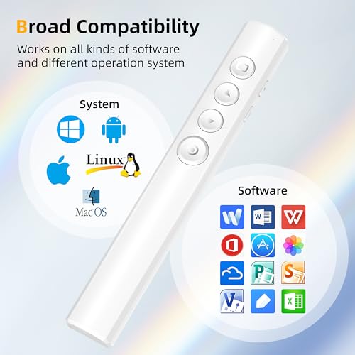 Wireless Presentation Clicker for Powerpoint Slideshow, Office/Classroom PPT Remote Presenter Pointer Slide Advancer with USB Receiver for Computer/MacBook Laptop/PC White Red Light - color: White