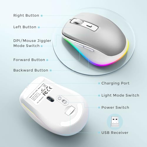 PEIOUS Wireless Mouse Jiggler, LED Mouse with Built-in Mouse Mover, Silver | Rechargeable LED Mouse, Silent Clicks, Adjustable DPI and Random Movement Keep Computers Awake for Laptop/PC/Mac - color: Silver