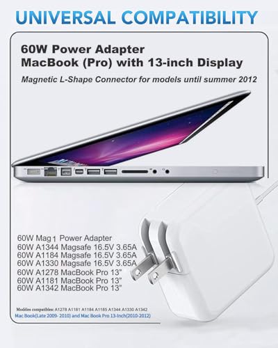 60W Charger for MacBook Pro Magnetic 1 L-Tip Before Mid-2012 MacBook Series | Mag 1 Laptop Charger Compatible with MacBook Pro 13", Late 2009-Mid 2012, A1278 A1342 A1344 A1330 A1181 A1184 A1185