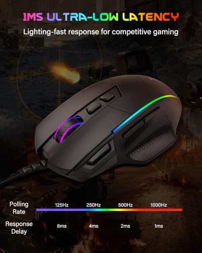 X49 Wired Computer Gaming Mouse,Rapid Fire Key,12K Sensor,Native 12400 DPI | 1ms Quick Response,20M Click Lifespan,105g Lightweight,RGB Backlit, 5.9Ft USB A Corded Gamer Mice, Ergonomic PC Maus,Black