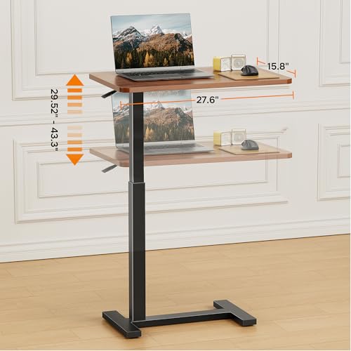 Adjustable Overbed Bedside Table with Wheels, Rolling Laptop Table, Pneumatic Adjustable Hospital & Home Use Bed Table, Mobile Standing Desk, Brown - color: Brown, style: Non-Tiltable