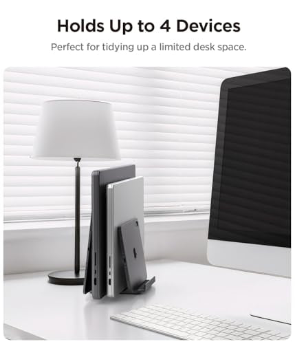 Spigen Vertical Laptop Stand Holder for Desk | with Adjustable Dock, 4 Slots Total for All MacBook 11"-16"/HP/Dell/Surface/Samsung/LG/Chrome Book - Space Gray