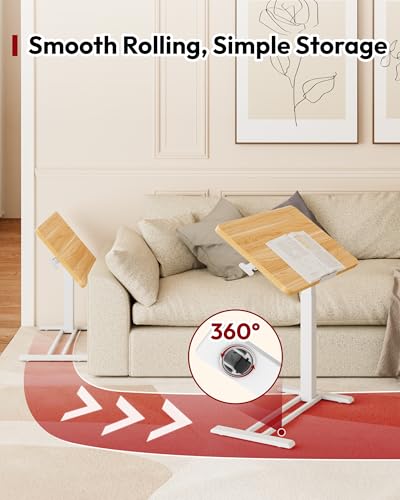 SANODESK Medical Adjustable Overbed Bedside Table with Casters 90° Tilt Top Pneumatic Mobile Rolling Laptop Computer Standing Desk Cart with Tray, Hospital and Home Use(27.6" W x 15.7" D, Maple) - color: Maple, size: Small
