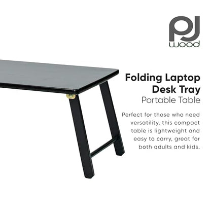 PJ Wood Folding Laptop Desk Tray - Portable Lap Desk - 24 in | Solid Wood Frame, 23.6 x 15.4 x 10.2 in, No Assembly Required, 4 lb Weight, Flat Fold Storage, Black Finish - color: Black