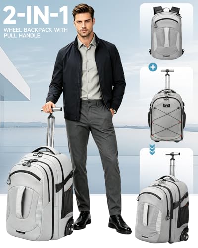 2-in-1 Detachable Backpack with wheels,56L Large rolling backpack-Splits into Daypack & Laptop Backpack Fits 17 Inch Laptop,Water Resistant Luggage suitcase,Air Travel,Weekend Trips - color: Grey