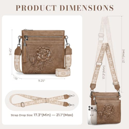 Vegan Leather Purses for Women, Daily Travel Crossbody Bags | Small Multi-Pocket Shoulder Bag with Adjustable Boho Wide Strap - color: Apricot Brown