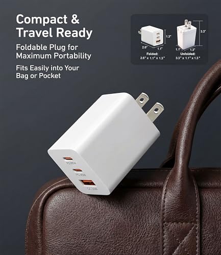 65W USB C Fast Charger, 3-Port PD Charger, 3 Cables, Green | Foldable green travel charger for laptop, phone & tablet, with 2 x 1.2m cables and 1 x 0.6m cable