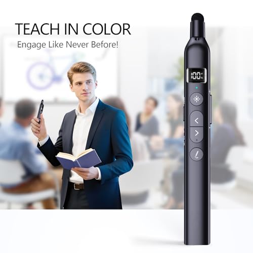 N21 Bluetooth Presentation Clicker for PowerPoint with Retractable Pointer | ①Red laser ②Telescopic touch pen ③Countdown timer, vibration alert ④Customizable Button ⑤Rechargeable;battery level display - color: Black - Red Pointer