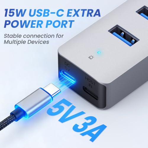 EJAY 7-Port Desktop USB 3.0 Hub for PC with Extra Power Port, Aluminum USB Splitter 5Gbps Data Transfer, 3.28ft Long Data & Power Cables for Laptop, Mac, Windows, Linux