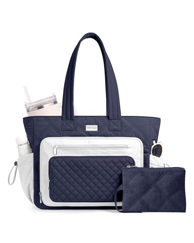 TOPDesign Puffer Laptop Bag for Women, Quilted Teacher Tote Nurse Work Briefcase, Computer Handbag with 40oz Cup Holder - color: Navy Blue/White/Navy Blue, size: 15.6 Inch