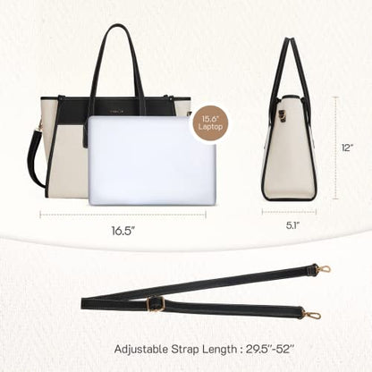 Missnine Tote Bag Canvas Laptop Bag 15.6 inch Work Bags for Women Teacher Bag Casual Computer Shoulder Purse for Office, College, Travel - color: Black+beige