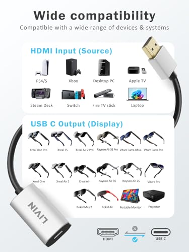 HDMI to USB C Adapter (4K@60Hz) Portable Monitor, AR Glasses XREAL One Air 2 Pro/VITURE Luma/RayNeo Air 3s/Rokid,HDMI Male(Source) to USB C Female(Display) Laptop,PS4/5,Xbox,Switch,ROG Ally,Steam Deck - color: Silver