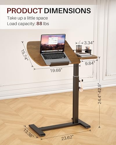 Overbed Bedside Table with Wheels, Pneumatic Adjustable Overbed Table, Tilting Desktop Mobile Standing Desk with Cup Holder/ Pen Holder, Rolling Laptop Desk for Bed, Sofa, or Hospital Use (Walnut) - color: Walnut