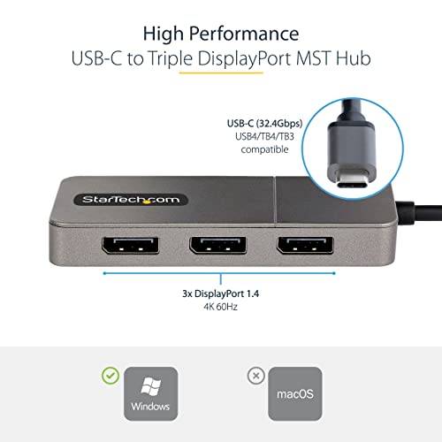 StarTech 3-Port USB-C MST Adapter, Triple 4K 60Hz DP, HDR, Windows, DSC | Laptop display extender, Triple 4K 60Hz, 2ch audio, HDCP 2.2, Extra-long built-in cable, Windows - size: 3 x DP 1.4