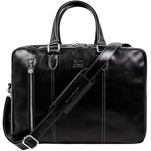 Time Resistance Leather Laptop Briefcase - Full Grain Leather Computer Bag for Men and Women | Leather - color: Black