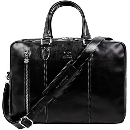 Time Resistance Leather Laptop Briefcase - Full Grain Leather Computer Bag for Men and Women | Leather - color: Black