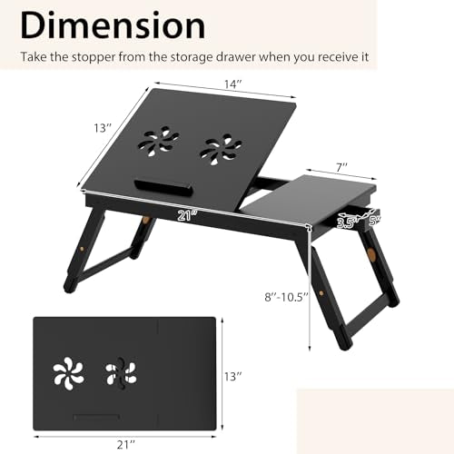 Giantex Bamboo Laptop Desk for Bed, Adjustable Serving Tray Breakfast Table with Tilting Desktop, Folding Lap Tray with Removable Stopper, Cooling Holes & Small Side Drawer (Black) - color: Black