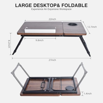 Adjustable Lap Desk for Bed - Portable Laptop Tray Table with Foldable Legs, Phone Slot & Cup Holder - Lightweight & Sturdy Breakfast, Work, Study Table for Sofa, Couch, Floor
