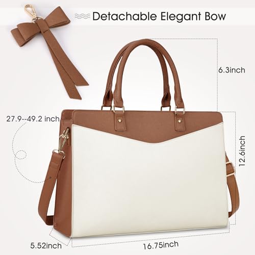 RAINSMORE Laptop Bag for Women 15.6 Inch PU Leather Laptop Tote Professional Business Office Work Bag Waterproof Briefcase Computer Tote Bag Large Lightweight Handbag Shoulder Bag - color: Beige and Dark Brown