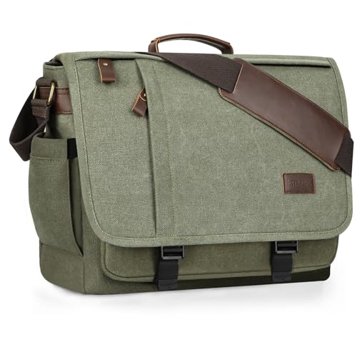 ESTARER Men's Messenger Bag 17.3 Inch, Water-resistant Canvas Laptop Bag, Computer Shoulder Bag for College Travel Work, Army Green - color: 17.3" Buckle-army Green