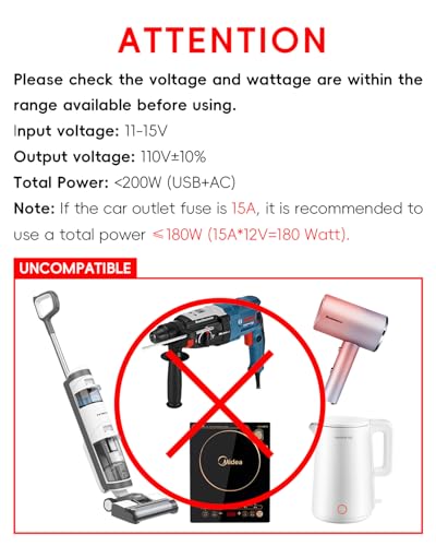 YSOLX 200W Car Power Inverter 12V to 110V for Vehicles, Car Plug Adapter Outlet with 4 USB Fast Charger, Car Charger Cigarette Lighter Adapter for Phone, Laptop on Road Trip - size: 200W