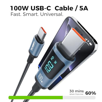 TANSEY USB C to USB C Cable, Type C 100watt Fast Charging Cable with Led Display 6Ft Length, Nylon Braid Cable for iPhone 16 Series, Samsung and More, 2 Pack, Blue