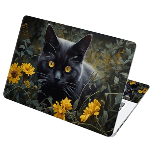 Universal Laptop Skin Sticker with 2 Wrist Pad Decals, 3-Piece Removable Vinyl Laptop Cover, Black Cat Sunflower Waterproof Anti-Scratch, Easy-Trim Fit for 13.3" 14" 15.6" Laptops - color: Black Cat Sunflower