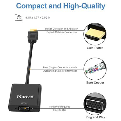 Moread HDMI to VGA with Audio, Gold-Plated Active HDMI to VGA Adapter (Male to Female) with Micro USB Power Cable & 3.5mm Audio Cable for PS4, MacBook Pro, Mac mini, Apple TV and More - Black