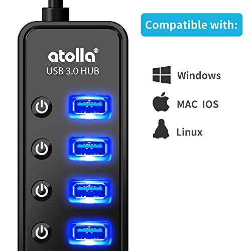 Powered USB Hub 3.0, Atolla 8-Port USB 3.0 Data Hub Splitter with One Smart Charging Port and Individual On/Off Switches and 5V/4A Power Adapter USB Extension for MacBook, Mac Pro/Mini and More - size: 8-Port USB 3.0 Hub