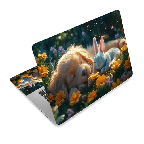 Universal Laptop Skin Sticker Decal,15.6 Inch Laptop Vinyl Cover for 13" 14" 15.6" Laptop,Scratch-Resistant Waterproof Protector Wrap,Reusable with Wrist Pads,Puppy Bunny Flower Nap - color: Puppy Bunny Flower Nap