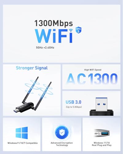 Nineplus Wireless USB WiFi Adapter for PC - 1300Mbps Dual 5Dbi Antennas 5G/2.4G WiFi Adapter for Desktop PC Laptop Windows11/10/7, Wireless Adapters for Desktop Computer Network Adapters