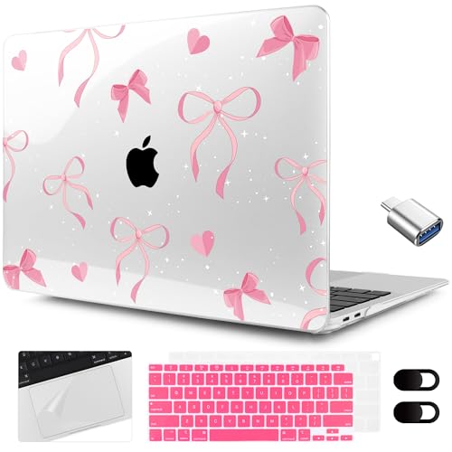 MEEgoodo for MacBook Air 13.3 inch Case 2021 2020 2019 2018 A2337 M1 A2179 A1932, Laptop Shell for MacBook Air M1 with Keyboard Webcam Cover & Trackpad Film & Type C Adapter,Pink Ribbons Bows - color: Pink Ribbons Bows