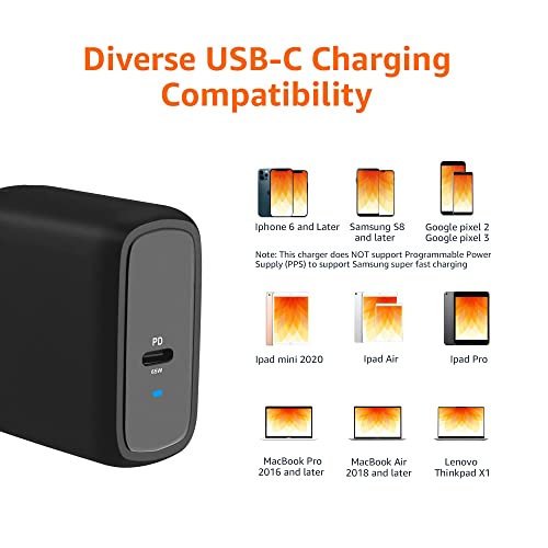 Amazon Basics 65W One-Port GaN USB-C Wall Charger with Power Delivery PD 3.0, Foldable Plug, Portable, Fast Charging for Laptops, Tablets & Phones, Non-PPS, Black - color: Black, style: 65W (1 USB-C)