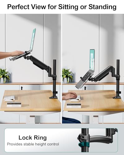 MOUNT PRO Laptop Arm Desk Mount, Single Monitor Stand with VESA Laptop Tray, Adjustable Lap Top Holder for Max 22lbs 17" Notebook & 32" Computer Screen, Swivel Notebook Bracket, Clamp on/Grommet Base - size: With Pole