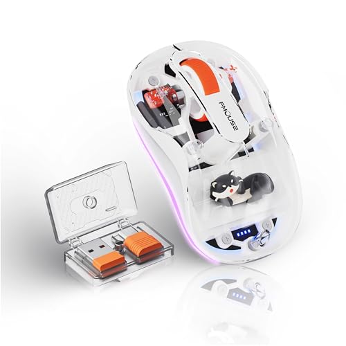 FMOUSE Cute Transparent Mouse, Tri-Mode Wireless, Rechargeable, White | USB-A & USB-C Receivers | 2.4G & Dual Bluetooth | Cat Figurine | Silent Click | RGB | For MAC, iPad, Laptop - color: White