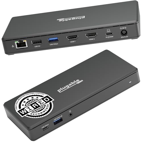 Plugable USB-C Docking Station Dual Monitor 4K 60Hz (2×HDMI), 65W Charging, Gigabit Ethernet, USB-C & 3×USB-A 5Gbps, Audio, Driverless for Windows/ChromeOS (UD-MSTH2)