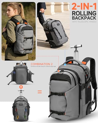 2-in-1 Detachable Rolling Backpack & Daypack, 56L Large Backpacks with Wheels Fits 17 Inch Laptop, Water Resistant, Carry On Luggage for College, Travel, Camping, Hiking Grey - color: Grey, style: Rolling Backpack
