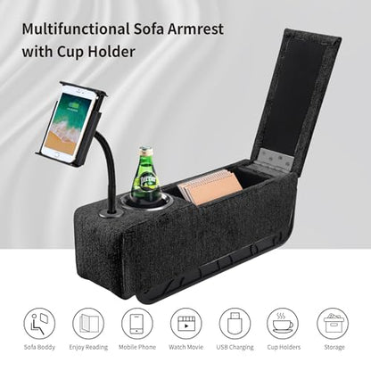 Multifunctional Sofa Armrest, Couch Armrest with Wireless Charge Stand, Removable Couch Caddy with Storage,Including LED Reading Light - color: Midnight, size: Fabric-1 CUP