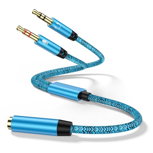 ABCPOW Headphone Splitter for PC Laptop Audio Splitter for Computer 3.5mm Female to 2 Dual 3.5mm Male TRRS Headset Splitter Headphone Mic Splitter Microphone Stereo Jack Cord 1 in 2 Out Aux Adapter - color: Blue