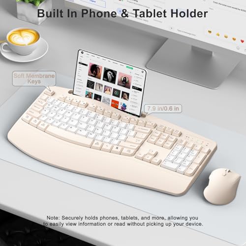 Wireless Keyboard and Mouse Combo, 2.4G Full Size Wave Keys Ergonomic Keyboard with Wrist Rest, Phone Holder, 3-Level DPI Wireless Silent Mouse with 6-Buttons, for Windows (Milk Tea-B) - color: Milk Tea-B