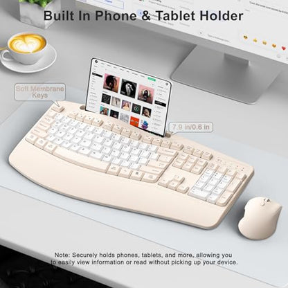 Wireless Keyboard and Mouse Combo, 2.4G Full Size Wave Keys Ergonomic Keyboard with Wrist Rest, Phone Holder, 3-Level DPI Wireless Silent Mouse with 6-Buttons, for Windows (Milk Tea-B) - color: Milk Tea-B