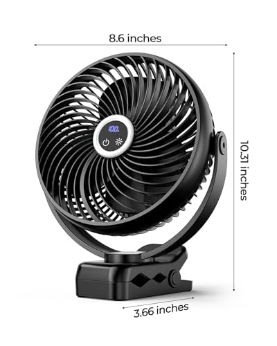 Xasla 10000mAh Portable Clip On Fan With Light, 8 in, Rechargeable Battery | 24H Long-last, Digital Display, 3 Speeds, 360° Rotate, Ideal USB Fan for Golf Cart, Outdoor Camping, Travel, Home, Office,Gym - color: Grey