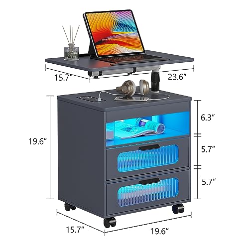 HNEBC LED Nightstand Set of 2 with Charging Station & Adjustable Overbed Desk, 3 Color LED Lights & Body Sensor, Mobile Bedside Table with Wheels, 2 Drawers & Open Shelf for Bedroom(Grey) - color: 9603-2-grey