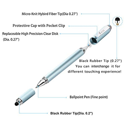 Capacitive Stylus Pen, 4-in-1 High Sensitivity and Precision Touch Screen Stylus Clear Disc Tip,Black Rubber Tip &Mesh Fiber Tip Compatible with Universal Touch Screen Device (Ice Blue) - color: Ice Blue