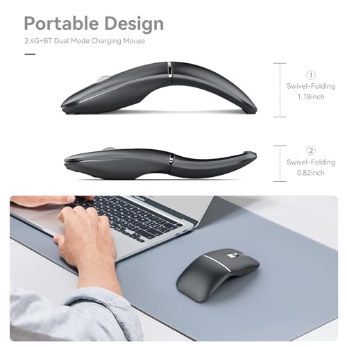 WFB 180° Flip Ultra-Thin Wireless Mouse, Bluetooth 5.0 & 2.4GHz Rechargeable Silent Travel Mouse, Ergonomic Rotatable Design for Laptop, PC, MacBook, Chromebook