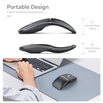 WFB 180° Flip Ultra-Thin Wireless Mouse, Bluetooth 5.0 & 2.4GHz Rechargeable Silent Travel Mouse, Ergonomic Rotatable Design for Laptop, PC, MacBook, Chromebook
